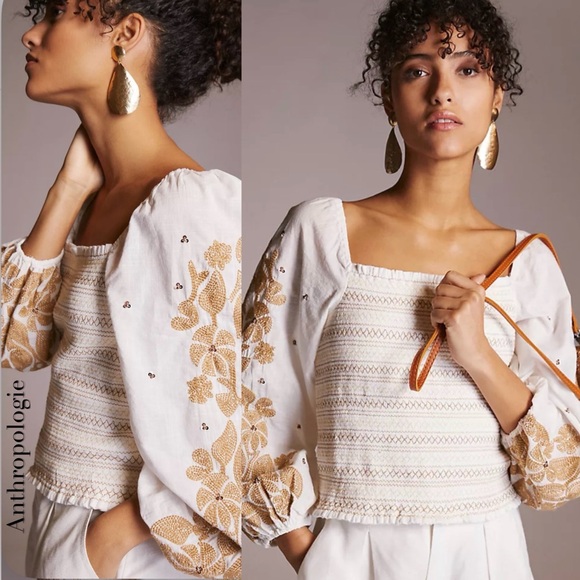 Anthropologie Smocked Top with embellished and embroidered sleeves, boho spring - Picture 2 of 9